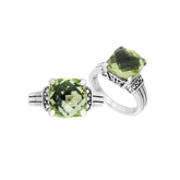Handcrafted Sterling Silver Elegant Green Amethyst Quartz Cushion Statement Ring With Balinese Carving.
